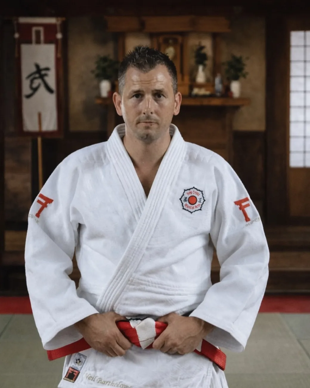 Neil Bartholomew in a white judogi in a dojo with a calligraphy scroll